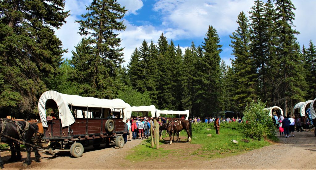 With the wagons circled, the guests climb off and head up to the chuck wagon dinner awaiting them.